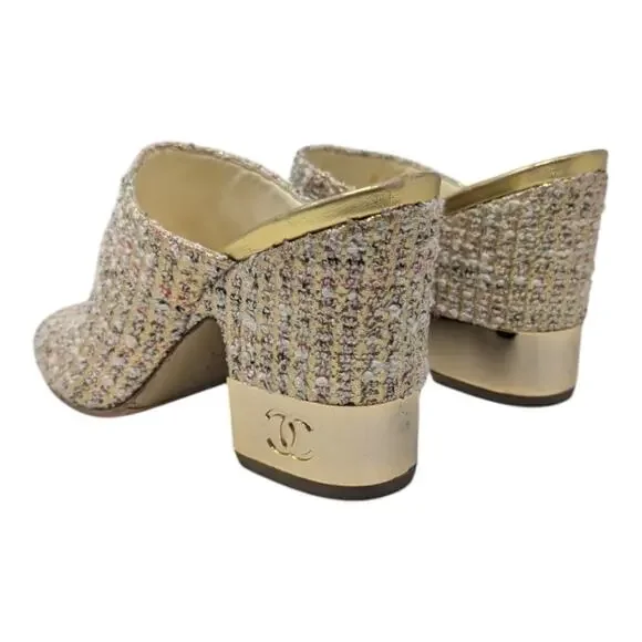 Chanel 2018 Mules Metallic Tweed Interlocking CC Logo Slide Neutral 37.5 - Picture 6 of 14